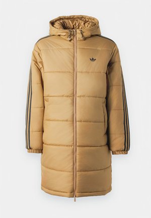 Padded, long brown jacket with a hood, featuring black stripes along the sleeves, zip closure, and subtle logo on the chest.