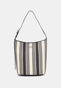 Borsa hobo a righe in beige e blu navy, realizzata in tessuto texturizzato con manico in pelle liscia e dettagli in metallo dorato.
