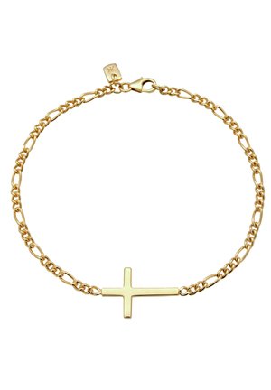 Goldkettchen-Armband mit einem horizontalen Kreuzanhänger und Karabinerverschluss, mit kleinem Anhänger nahe dem Verschluss, auf weißem Hintergrund.