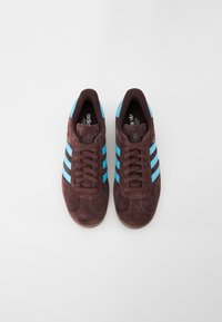 Brązowe zamszowe trampki z trzema jasnoniebieskimi paskami, zaokrąglonym noskiem i brązowymi sznurowadłami. Teksturowana powierzchnia z gumową podeszwą.