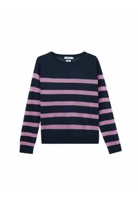 Pull bleu marine avec des rayures horizontales roses, encolure ras du cou et manches longues. Texture douce et poignets côtelés aux manches et à l'ourlet.