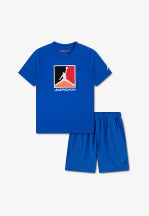 Blue short-sleeve Jordan T-shirt with black, red, and orange logo and matching blue athletic shorts with small Jordan logo.