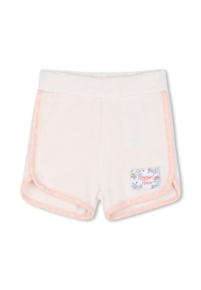 Shorts en éponge rose clair avec une texture douce, des bordures à motif floral et une étiquette tissée portant "Kenzo Paris" à l'ourlet.