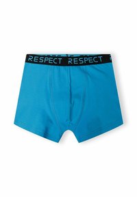 Boxeri din bumbac albastru, cu talie neagră pe care apare textul "RESPECT" în albastru. Textură netedă și design ajustat.