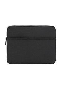 Čierny obal na laptop vyrobený z mäkkej tkaniny, s hladkým povrchom, so zipsovým uzáverom a prednou kapsou na dodatočné uskladnenie.