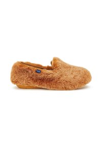 Pantofola di peluche arancione con punta arrotondata, texture morbida e suola piatta marrone. Presenta un piccolo logo blu sul lato.