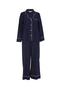 Marineblauw pyjama set gemaakt van zachte stof, met een button-up shirt met witte bies en bijpassende broeken met een ontspannen pasvorm en zoomdetail.