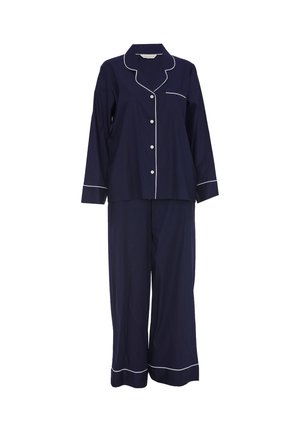 Granatowy zestaw piżamy wykonany z miękkiego materiału, z koszulą zapinaną na guziki z białym wykończeniem oraz pasującymi spodniami w luźnym kroju z wykończeniem u dołu.