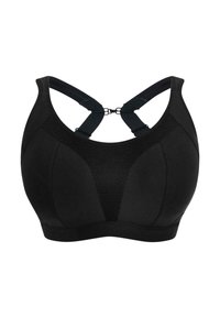 Sort sportsbh med en struktureret design, der har meshpaneler, justerbare stropper og en sikker hægte-lukning bagpå.