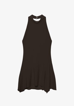 Fekete ujjatlan ruha magas nyakkivágással és hátul gombos zárral, aszimmetrikus szegéllyel.