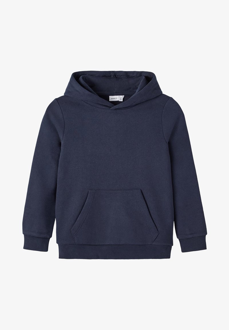 Sweat à capuche enfant bleu marine avec manches longues, poche kangourou devant et poignets et ourlet côtelés.