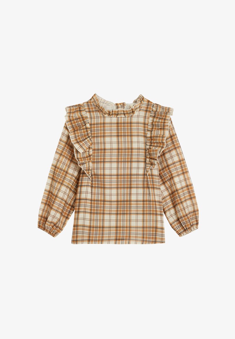 Sini ja kerma ruudullinen pitkähiha vaate, jossa on rypytetyt olkaimet ja kootut kaula-aukkorakenteet. Valmistettu kevyestä kankaasta, jossa on elastiset hihansuut.