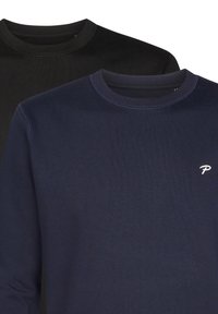 Dos sudaderas de cuello redondo en negro y azul marino, hechas de una mezcla de algodón. Presentan un cuello ribeteado y un pequeño logo en la camiseta azul.