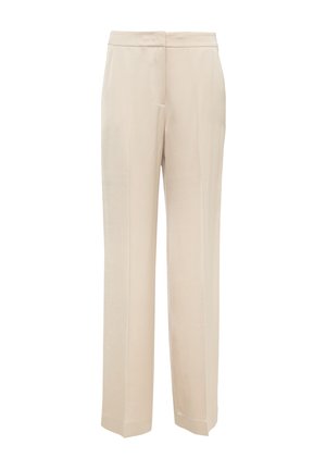 Pantalons beige ajustés avec une coupe droite, taille mi-haute et tissu lisse. Comprend deux poches latérales et une finition nette au niveau de l'ourlet.