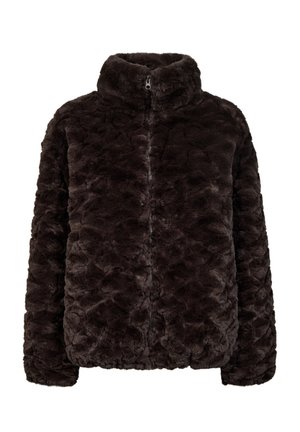 Donkerbruine pluche nepbontjas met een hoge kraag en rits aan de voorkant, ontworpen voor warmte en comfort.