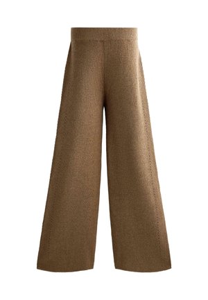 Pantaloni tricotati cu picioare largi, de culoare maro, cu un tiv ribborat, material texturat și cusături laterale care se extind până la tiv, oferind o potrivire relaxată.