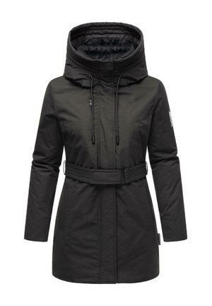 Zwarte parka jas met capuchon, ceintuursluiting in de taille, ritssluiting aan de voorkant en zijzakken. Soepele textuur, gewatteerd ontwerp en ribbelkraag.