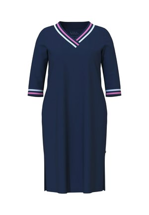 Marineblå knælængde kjole med trekvartærmer, V-udskæring og pink, hvide og lyseblå striber på krave og manchetter.