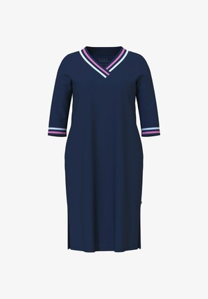 Robe bleu marine longueur genou avec manches trois-quarts, col en V, et rayures roses, blanches et bleu clair sur le col et les poignets.