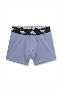 Hellblaue Boxershorts mit einem marineblauen Bund, der mit weißen Dinosauriermustern verziert ist. Weicher Stoff und elastischer Bund für Komfort.