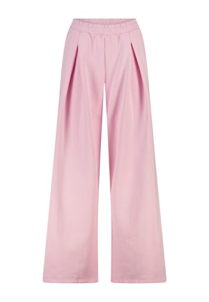 Roze broek met wijde pijpen, elastische tailleband en voorplooien, gemaakt van gladde stof.