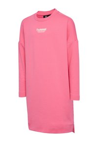 Langærmet pink sweatshirt-kjole med rund halsudskæring og hvidt "hummel"-logo og teksten "CHANGE THE WORLD THROUGH SPORT" på brystet.