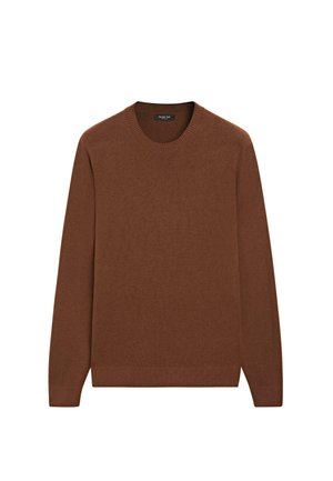 Hnědý pletený svetr s kulatým výstřihem, dlouhými rukávy a žebrovanými manžetami a lemem. Hladká textura, bez viditelných vzorů nebo zdobení.
