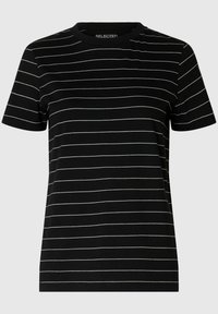 Schwarzes T-Shirt mit weißen horizontalen Streifen, runder Ausschnitt, kurze Ärmel, aus weichem Stoff, mit lockerer Passform und minimalistischem Design.
