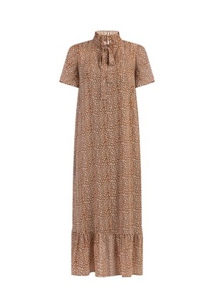 Kohvafarbenine maksi kleit, mis on valmistatud kergest kangast, lillemustriga, lühikeste varrukatega, sõlmega kaelusega ja volangiga äärega.