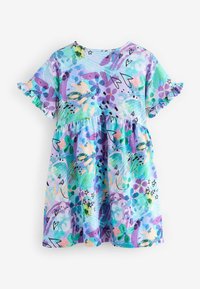 Kurzes Kleid mit Rundhalsausschnitt, das mit einem mehrfarbigen abstrakten Muster in Lila, Blau, Grün und Pink gestaltet ist. Rüschensaum an den Ärmelenden.