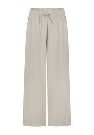 Helle beige weite Hosen mit elastischem Bund und Kordelzug. Hergestellt aus einem glatten Stoff, mit einer lässigen Passform und ohne sichtbare Taschen.