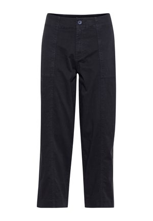 Pantalones de algodón negros con corte recto, con bolsillos frontales planos y cierre de botón, textura suave y líneas limpias.