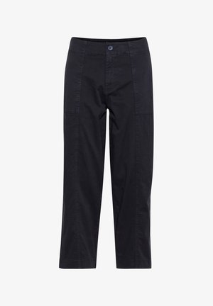 Black cotton trousers with a straight cut, featuring flat front pockets and a button closure, smooth texture, and clean lines.