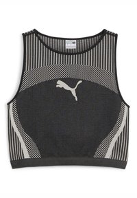 Sort og grå atletisk crop top med stribede og prikkede mønstre, der har en rund halsudskæring og et hvidt Puma-logo i midten.