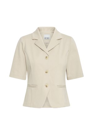 Blazer beige a maniche corte con tre bottoni, collo a lancia e due tasche a filetto frontali, vestibilità sartoriale di ICHI.