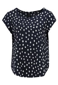 Granatowy top z krótkim rękawem w białe grochy, z okrągłym dekoltem, luźnym krojem i zamkiem z tyłu. Lekki materiał, gładka faktura.