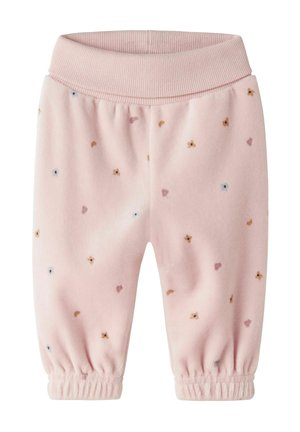 Pantalon bébé rose doux avec taille et poignets élastiques, décoré de petites fleurs éparpillées en bleu, marron et violet.