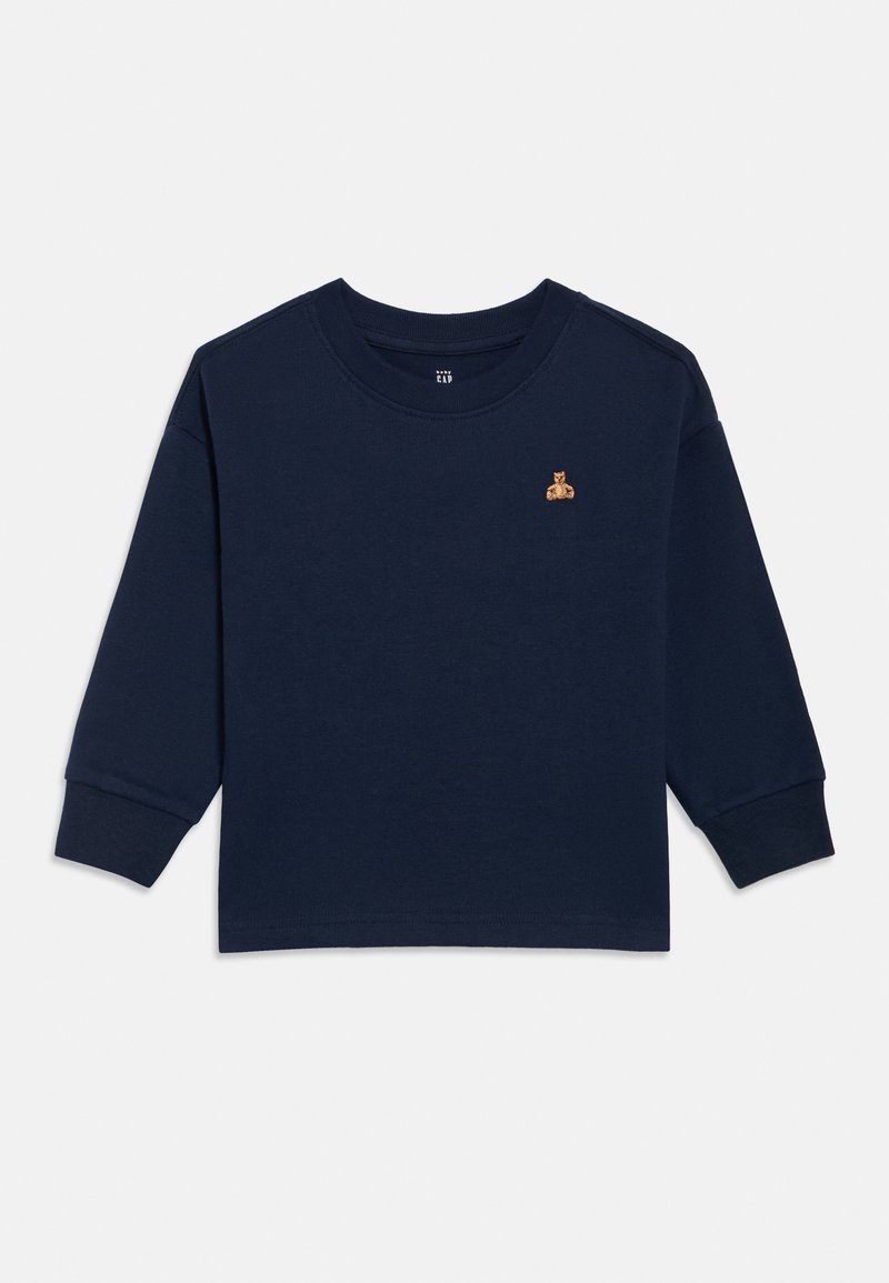 Tengerészkék hosszú ujjú kisgyermek póló környakú, bal mellrészen apró hímzett mackóval.