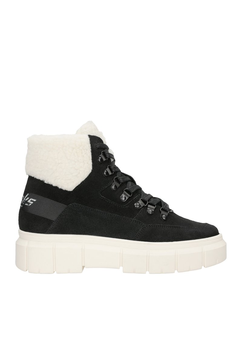 Zwarte suède high-top laarzen met een witte nepbonten kraag, zwarte veters, een grote chunky witte zool en een zijlogo.