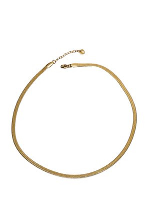 Flachkettige Halskette in Goldoptik mit Karabinerverschluss und verstellbarem Verlängerungskettchen mit kleinem runden Anhänger am Ende.