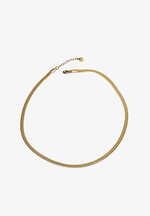 Collier chaîne plate ton or avec fermoir homard et chaîne d'extension réglable avec un petit pendentif rond à la fin.