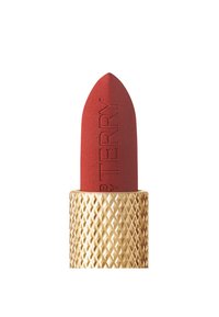 Röd läppstift med matt finish, utrustad med en spetsig topp. Förpackningen är en strukturerad guldfärgad tube med en diamantmönstring.