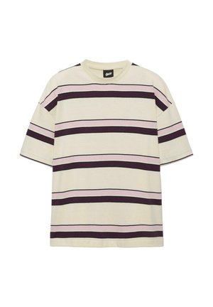 Krém színű rövid ujjú póló vastag és vékony vízszintes csíkokkal rózsaszín és sötétlila színekben a test és az ujjak mentén.