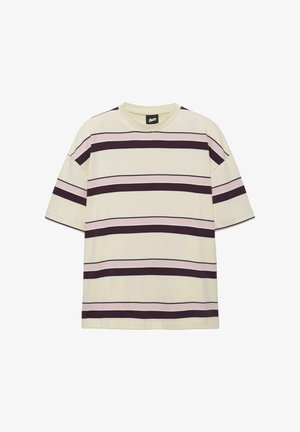 Cream-colored short-sleeve t-shirt with horizontal thick and thin stripes in pink and dark purple across the body and sleeves.