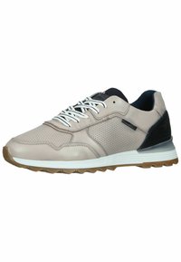 Světlé béžové sportovní boty s vrškem z polyesteru a syntetického materiálu, texturované akcenty, bílé tkaničky a gumovou podrážkou s hnědým protiskluzovým vzorem.