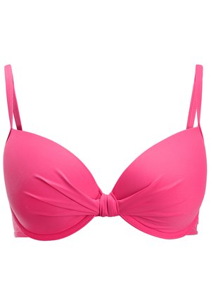 Sujetador acolchado rosa con detalle frontal retorcido, tirantes ajustables, textura suave y forma contorneada para soporte.