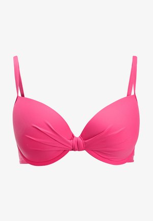 Rosa gepolsterter BH mit verdrehtem Vorderteil, verstellbaren Trägern, glatter Textur und konturierter Form für Unterstützung.