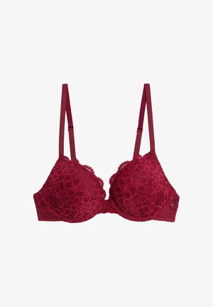 Fialový krajkový podprsenka s kosticemi, květinovým vzorem, vycpanými košíčky, nastavitelnými ramínky a zapínáním na háček a očko na zadní straně.