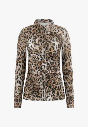 Palaidinė ilgomis rankovėmis leopardų raštu, su sagčių užsegimu priekyje, centriniu raukimu ir apykakle. Minkšta, tekstūruota medžiaga.