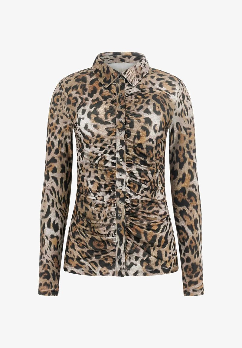 Palaidinė ilgomis rankovėmis leopardų raštu, su sagčių užsegimu priekyje, centriniu raukimu ir apykakle. Minkšta, tekstūruota medžiaga.